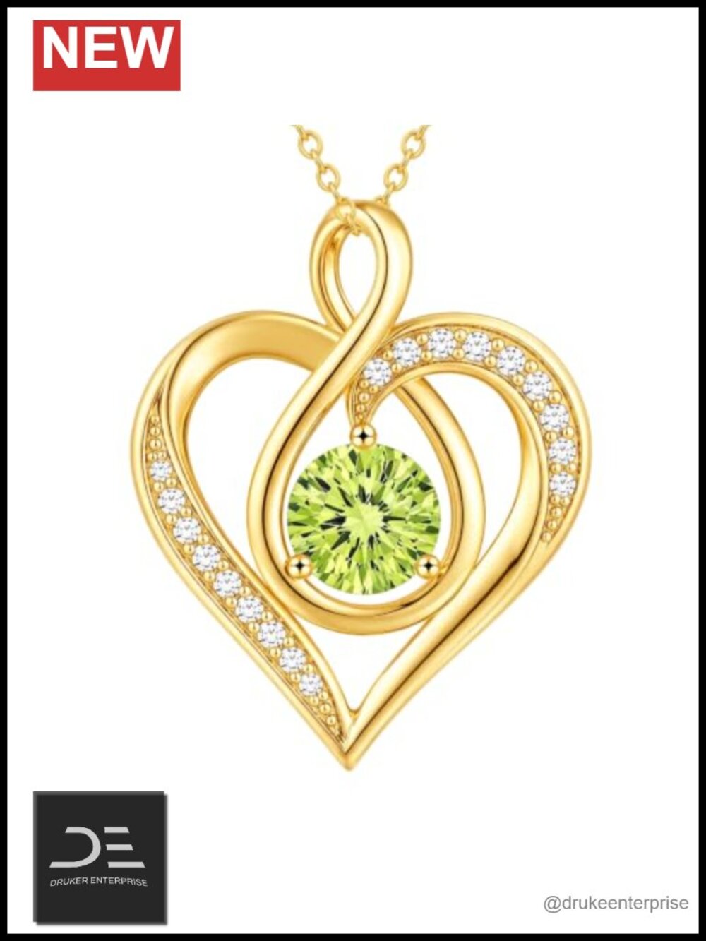 18K Gold Heart Infinity Birthstone Pendant Necklace for Women, Peridot, Lobster